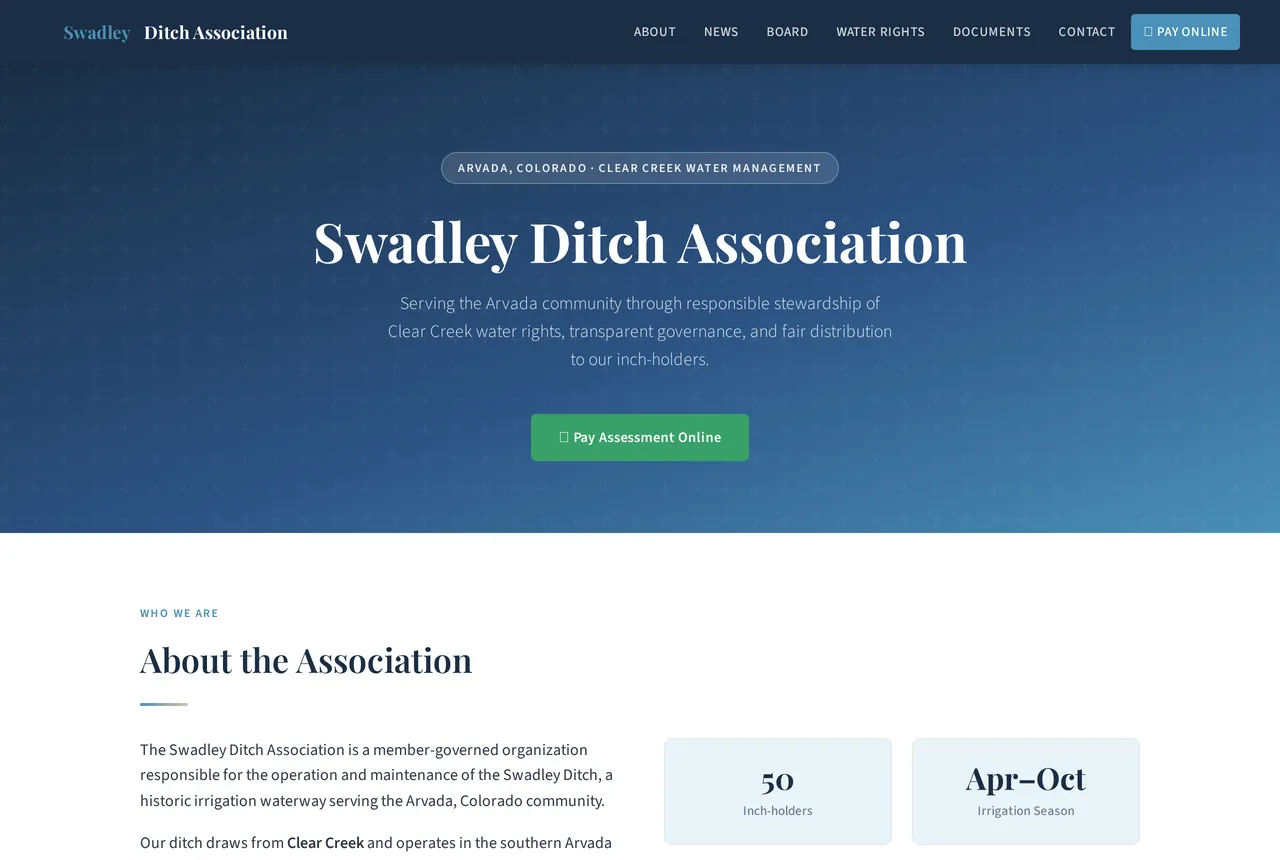 Swadley Ditch Association website, built by TheOpsIQ