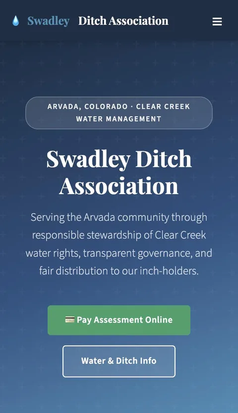 Swadley Ditch Association website on a phone
